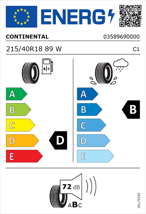 Tyre Label for Continental SportContact 2 215/40R18 89W