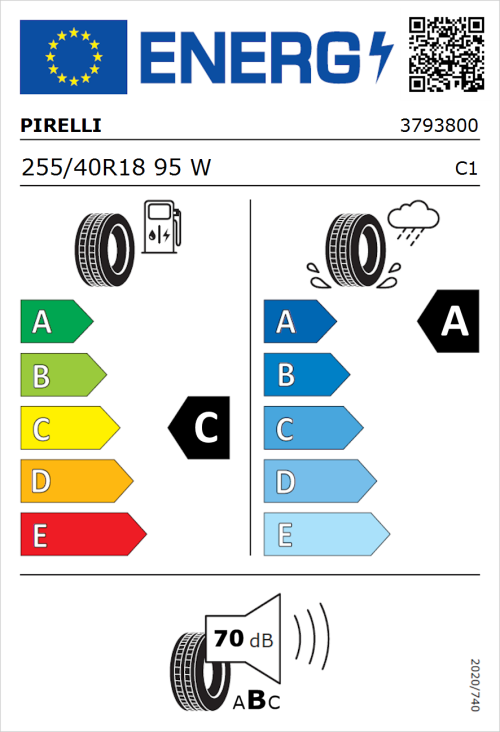 Tyre Label for Pirelli Cinturato P7 (P7C2) 255/40R18 95W
