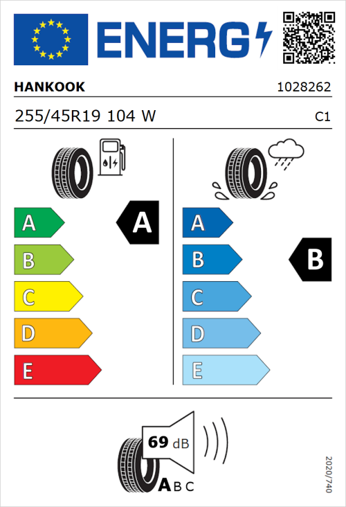 Tyre Label for Hankook Ventus S1 evo3 EV K127E 255/45R19 104W