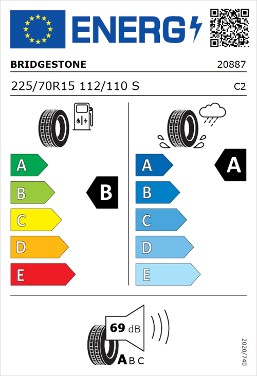 Tyre Label for Bridgestone Duravis Van 225/70R15 112/110S