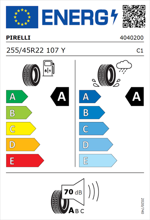 Tyre Label for Pirelli P Zero (PZ4) Sport Car 255/45R22 107Y