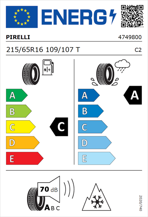 Tyre Label for Pirelli Carrier All Season 215/65R16 109/107T
