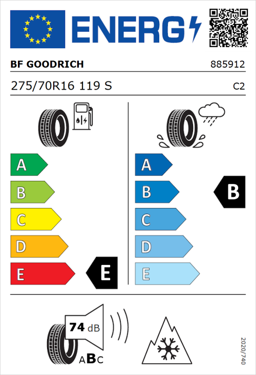 Tyre Label for BF Goodrich All Terrain T/A KO2 RWL 275/70R16 119S